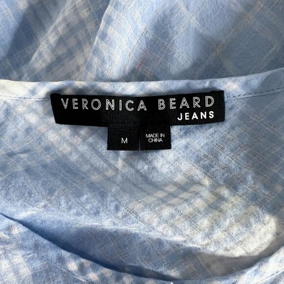 Veronica Beard | Plaid Print Blue White Semi Sheer Short Sleeve Button Blouse M - Picture 10 of 11